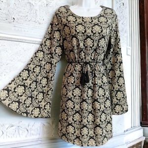 Oober Swank Baroque Bell Sleeve Waist Tying Mini Dress